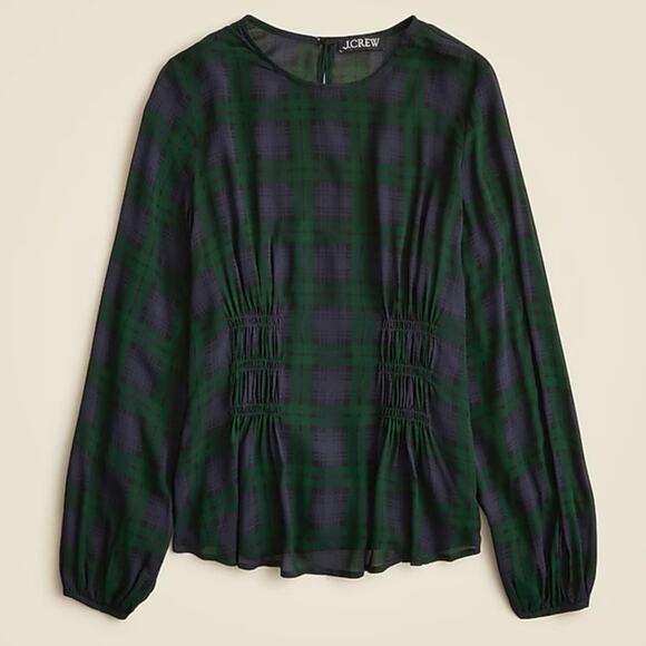 J.Crew Chiffon Shirred Waist Top Black Watch Tartan Preppy Plaid Size 2 NWT - Picture 1 of 9